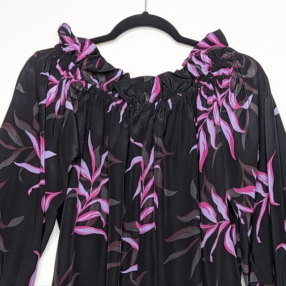 Tucker NYC Off the Shoulder Long Top Black Coconut Palms Crepe de Chine Silk Top - Picture 7 of 8